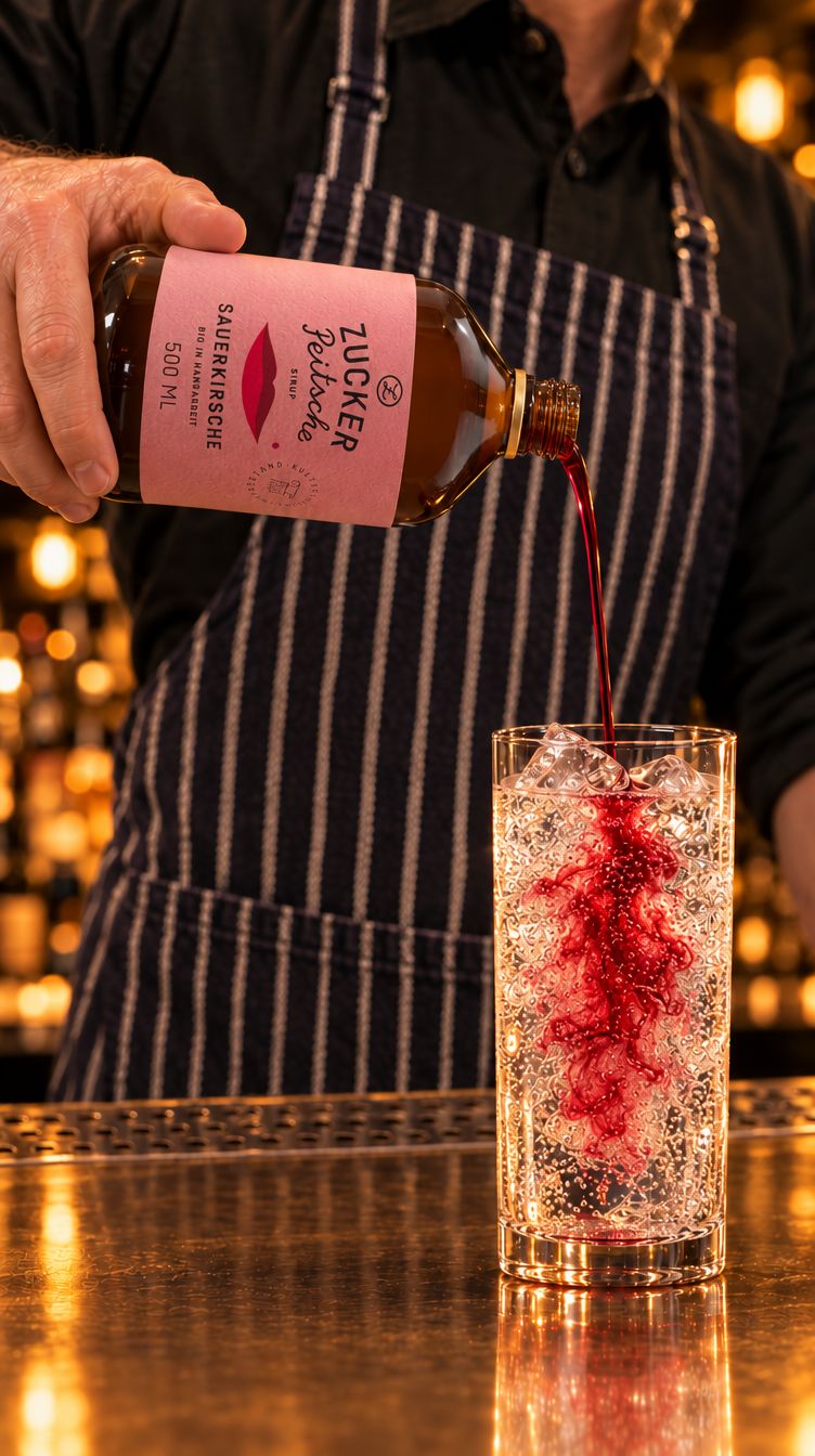 Barkeeper giesst Sauerkirsch-Sirup ein